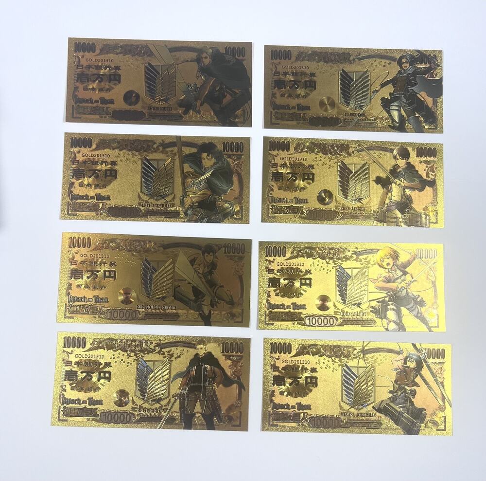 24k Gold Foil Anime Attack on Titan "Nine Titans" Banknote Set 8pc Novelty Art